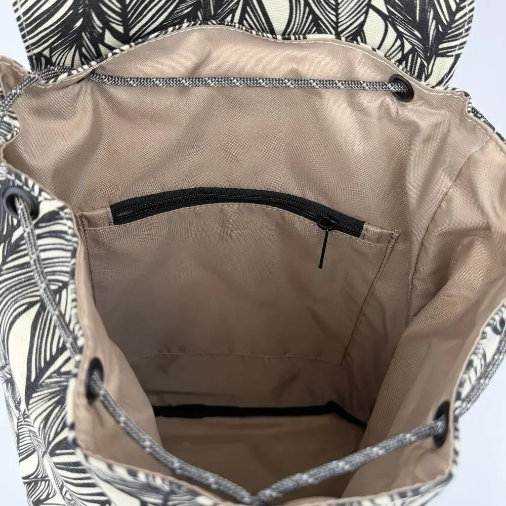 KAVU Feather Print Drawstring Backpack Cream Black Canvas Rucksack Daypack